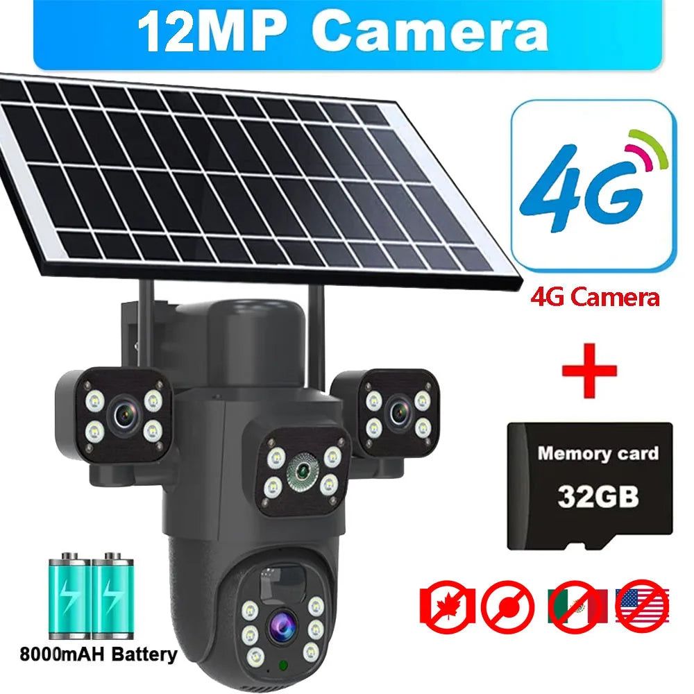Caméra solaire 4G/WiFi, trois objectifs, écran, extérieur, 12 MP, 6K, batterie basse consommation, vision nocturne PIR, protection CCTV