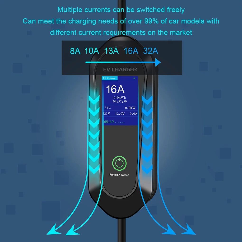 Câble de charge portable pour véhicule électrique 32 A 7 kW 5 m monophasé 3 broches type 2 avec écran LCD, conforme à la norme CEE, avec écran LCD