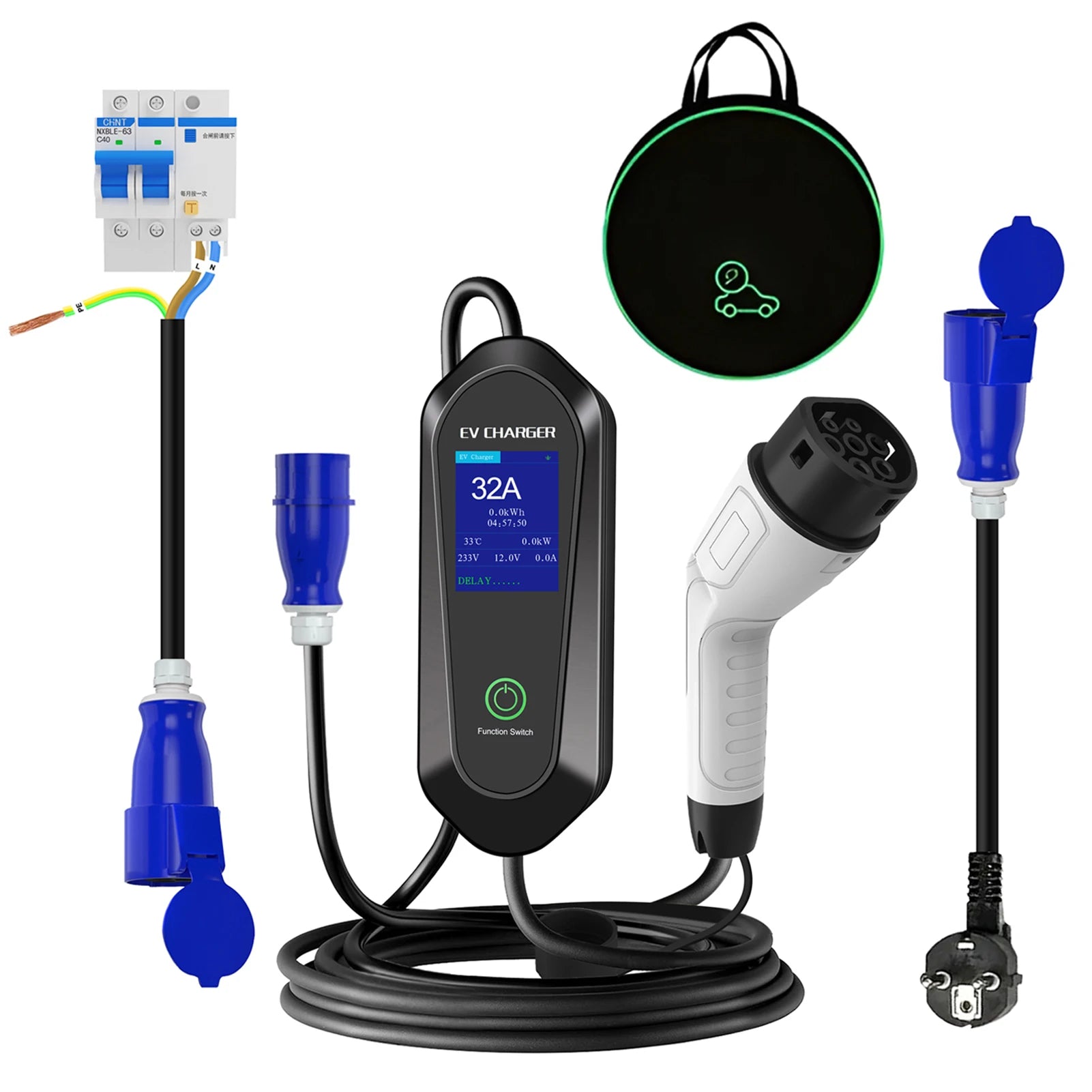 Câble de charge portable pour véhicule électrique 32 A 7 kW 5 m monophasé 3 broches type 2 avec écran LCD, conforme à la norme CEE, avec écran LCD