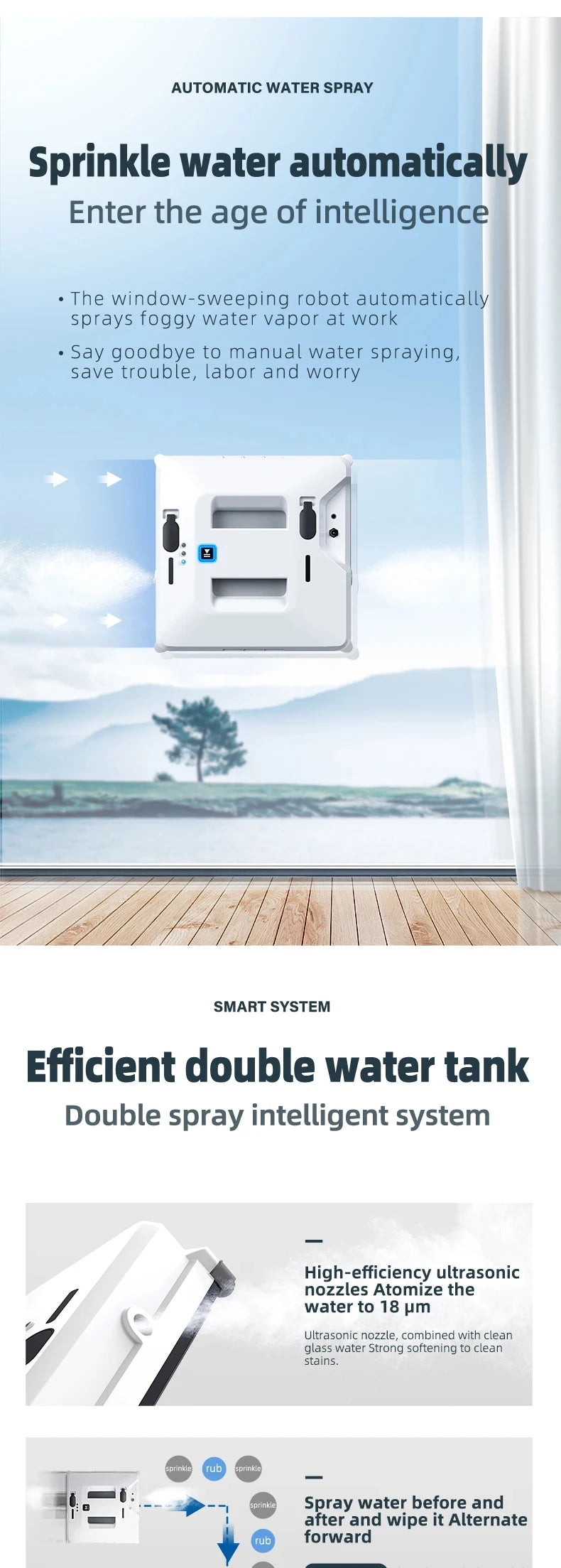 Robot lave-vitres à double jet d'eau avec télécommande, nettoyeur de vitres électrique pour fenêtres extérieures d'immeubles de grande hauteur, système anti-chute pour maison connectée