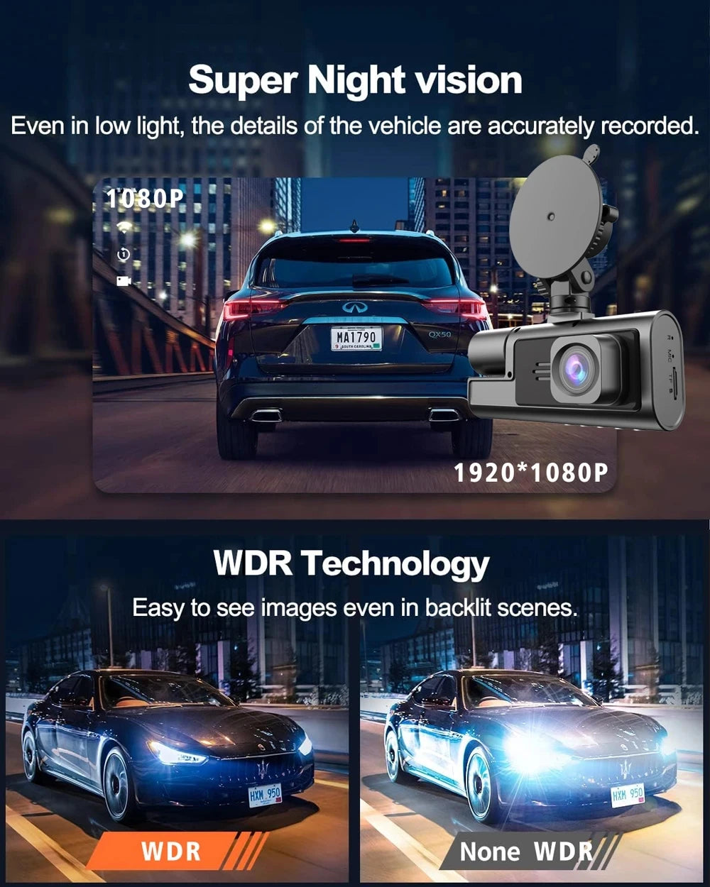 Caméra embarquée 3 canaux Wi-Fi avec DVR 1080p pour voiture (avant et intérieur), boîtier noir, surveillance de stationnement 24h/24, accessoires auto
