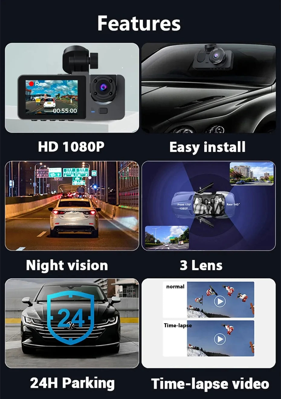 Caméra embarquée pour voiture, enregistreur vidéo HD 1080p, boîtier noir DVR à double objectif avec caméra de recul pour véhicule