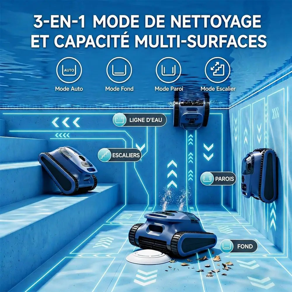 Robot nettoyeur de piscine intelligent pour piscines enterrées et hors sol : capable de grimper aux parois, navigation intelligente, autonomie de 180 minutes, surface de nettoyage de 2150 m².