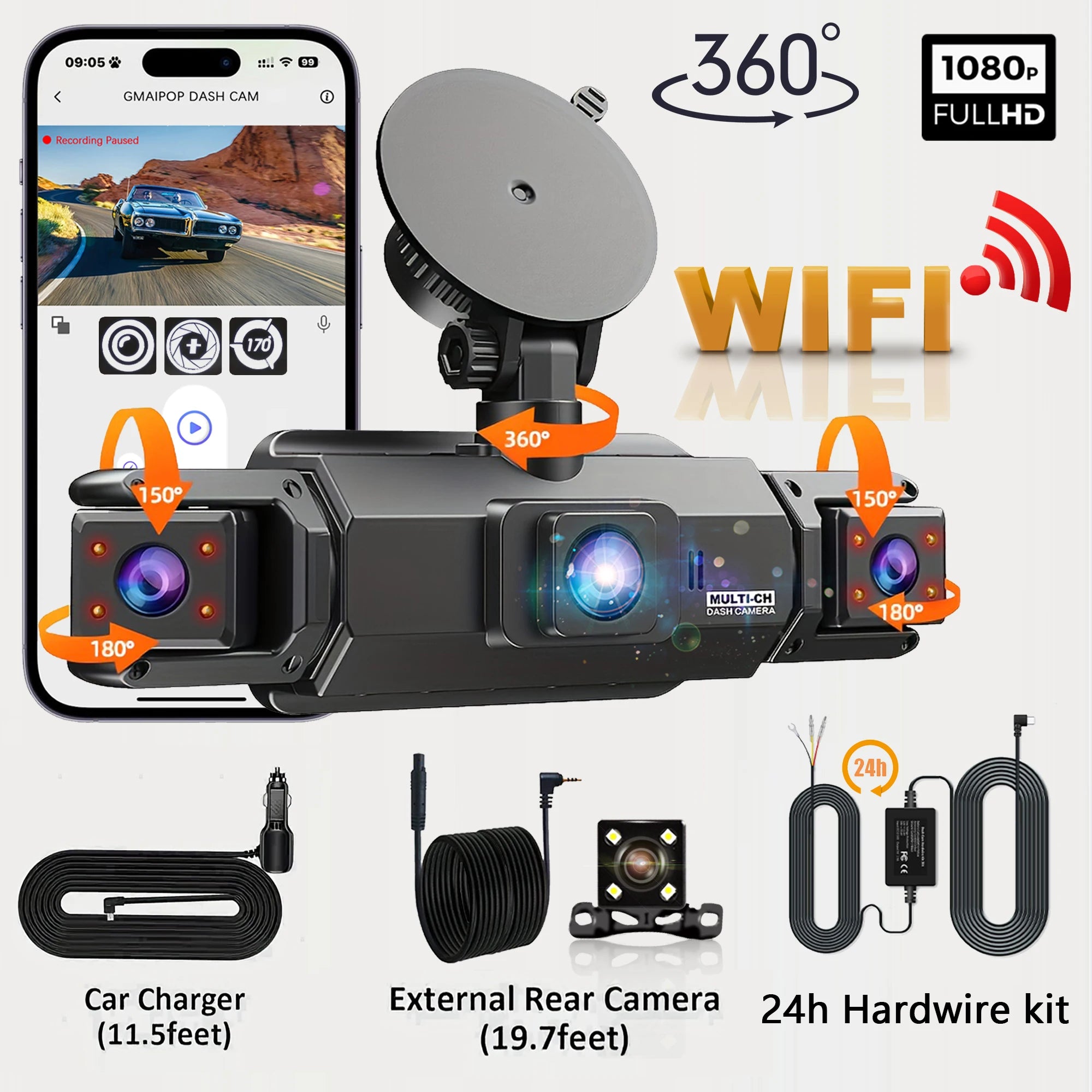 Caméra embarquée GMAIPOP WiFi 4 canaux 1080p, capteur Sony IMX307, vision nocturne, enregistrement en boucle