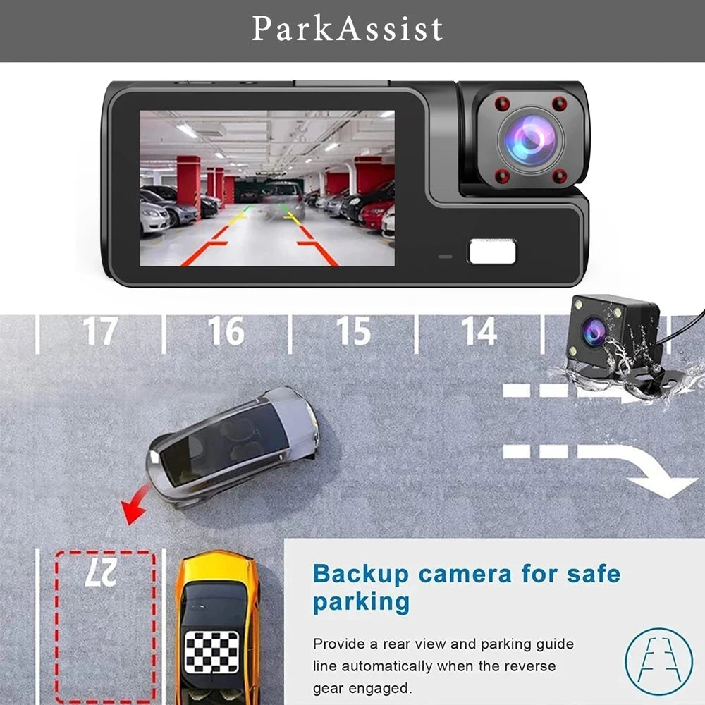 Caméra embarquée 3 canaux Wi-Fi avec DVR 1080p pour voiture (avant et intérieur), boîtier noir, surveillance de stationnement 24h/24, accessoires auto
