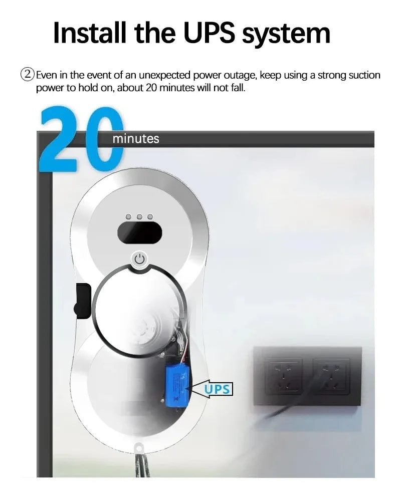 Robot nettoyeur de vitres automatique avec jet d'eau, télécommande, aspirateur et système anti-chute pour appartements et bureaux en hauteur