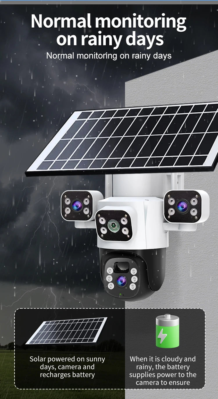 Caméra IP Solaire 4G 12 MP | Triple Objectif, Rotation PTZ, Détection de Mouvement et Suivi Intelligent