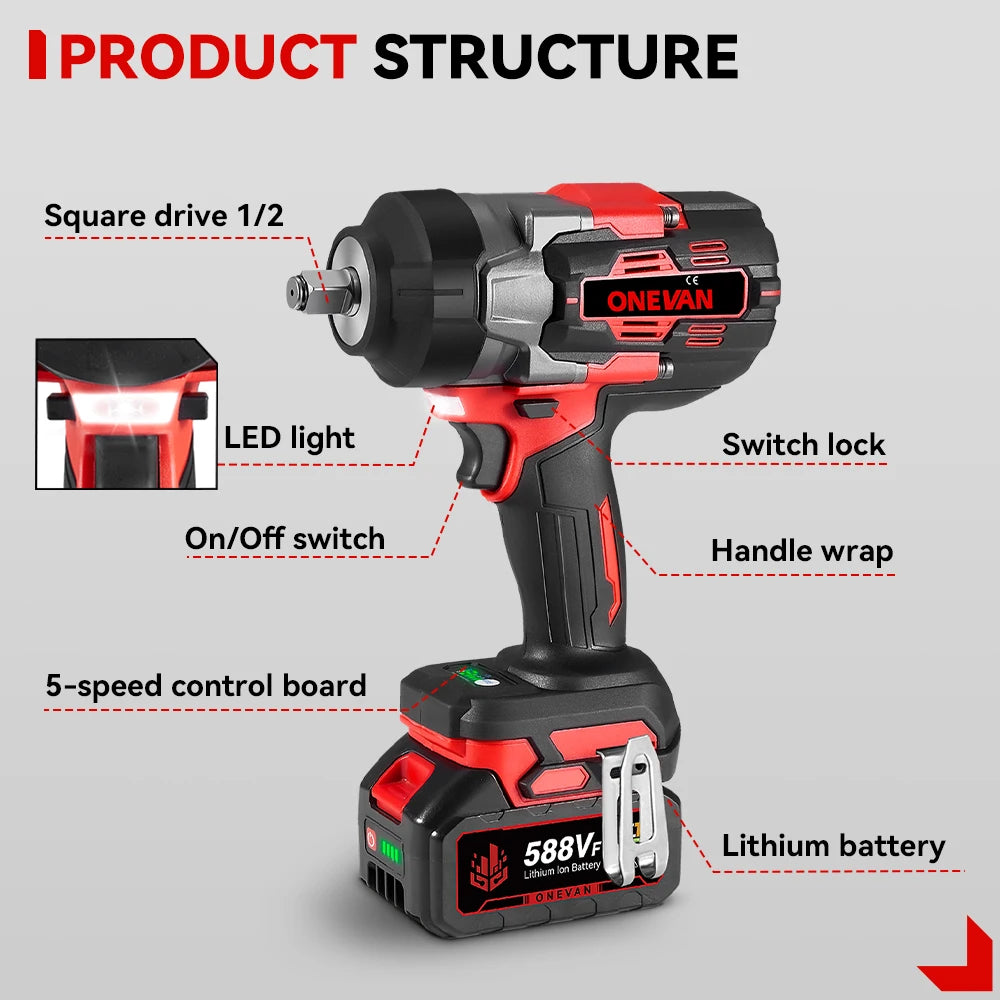 Clé à Chocs Électrique ONEVAN | 2800 N.m, Moteur Sans Balais, Outil Auto Compatible Makita