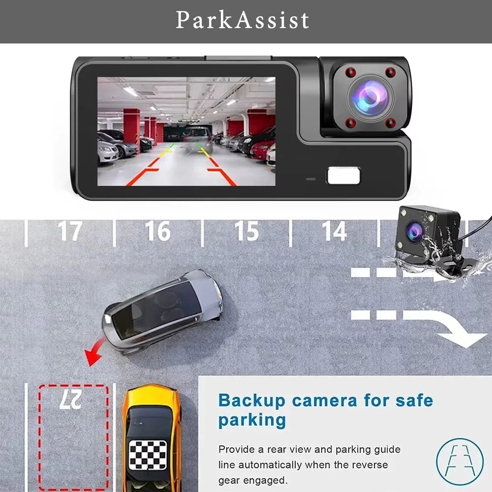 Caméra embarquée 3 canaux Wi-Fi avec DVR 1080p pour voiture (avant et intérieur), boîtier noir, surveillance de stationnement 24h/24, accessoires auto
