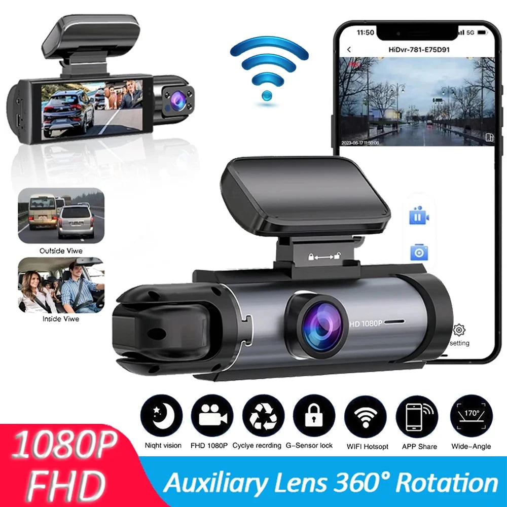 Caméra embarquée pour voiture 1080p avec enregistreur vidéo DVR, double caméra avant et intérieure, enregistrement en boucle et surveillance WiFi.