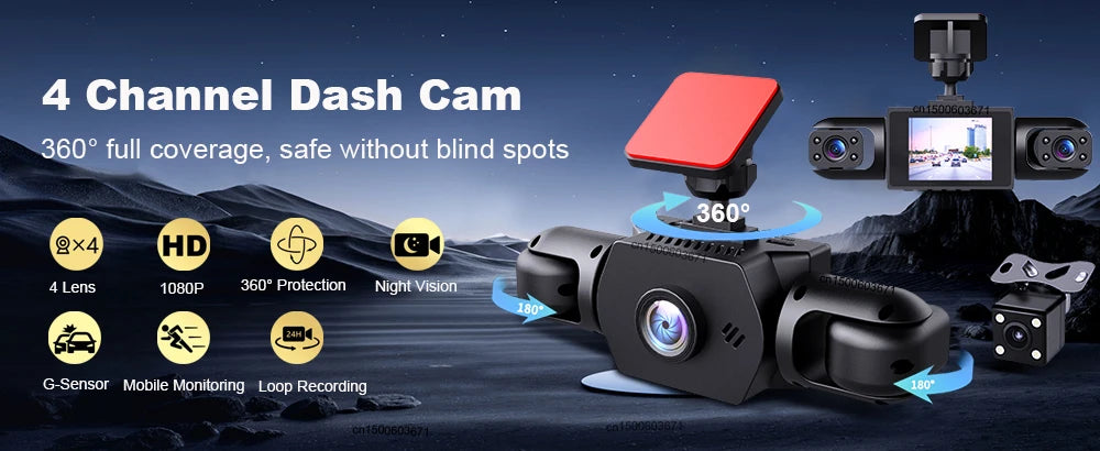 Dash Cam 4 Canaux 360° | Caméra de Voiture HD 1080p avec Vision Nocturne et Enregistrement Continu