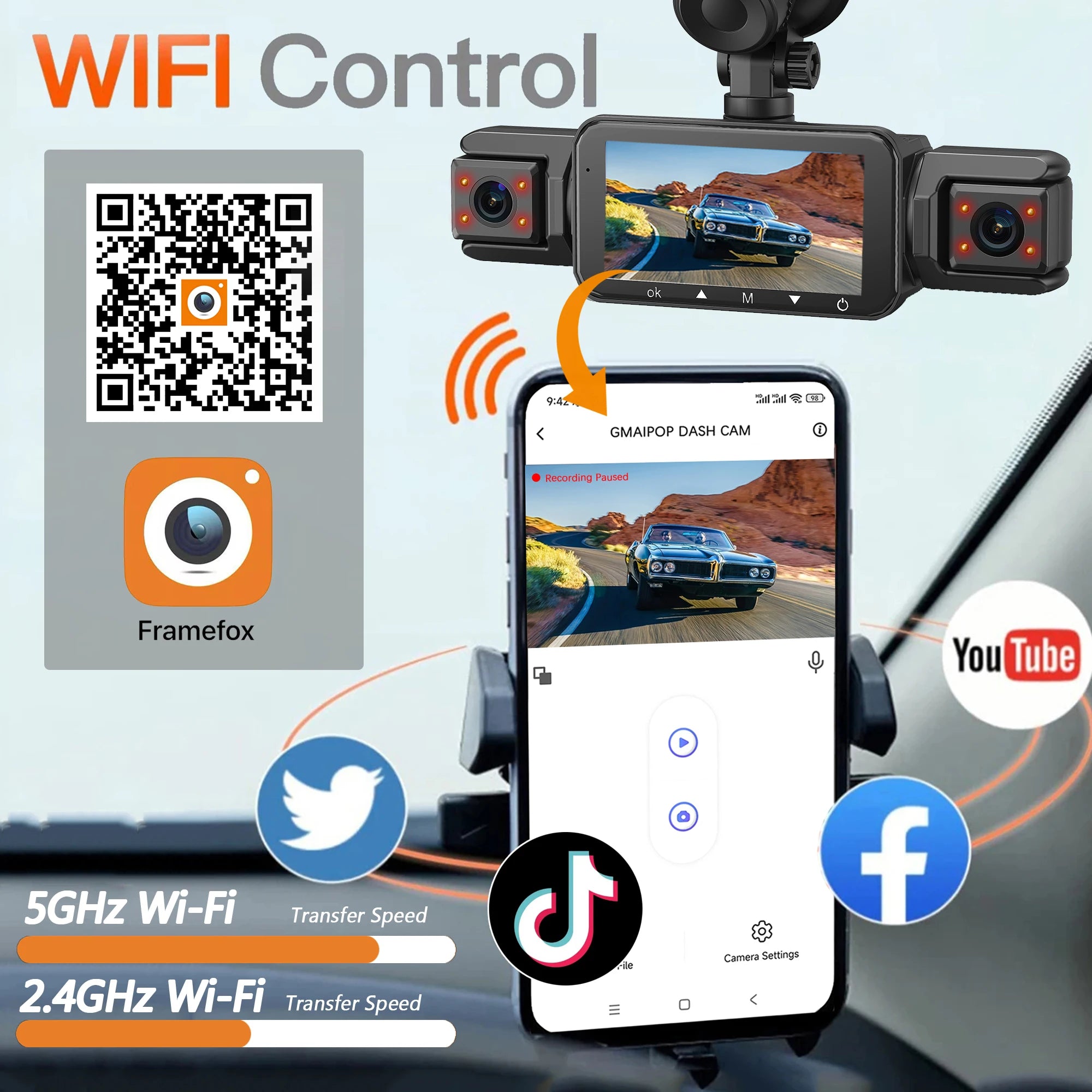 Caméra embarquée GMAIPOP WiFi 4 canaux 1080p, capteur Sony IMX307, vision nocturne, enregistrement en boucle