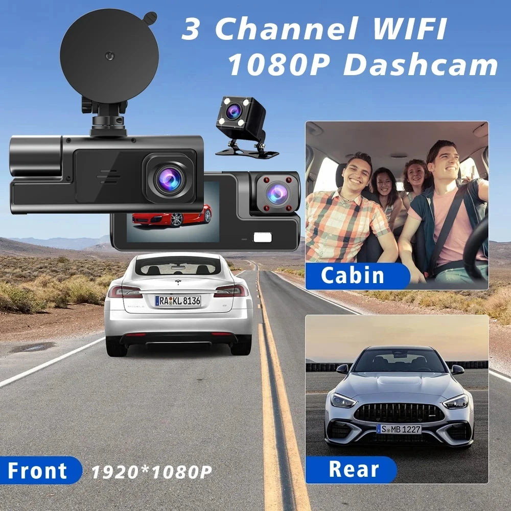 Caméra embarquée 3 canaux Wi-Fi avec DVR 1080p pour voiture (avant et intérieur), boîtier noir, surveillance de stationnement 24h/24, accessoires auto
