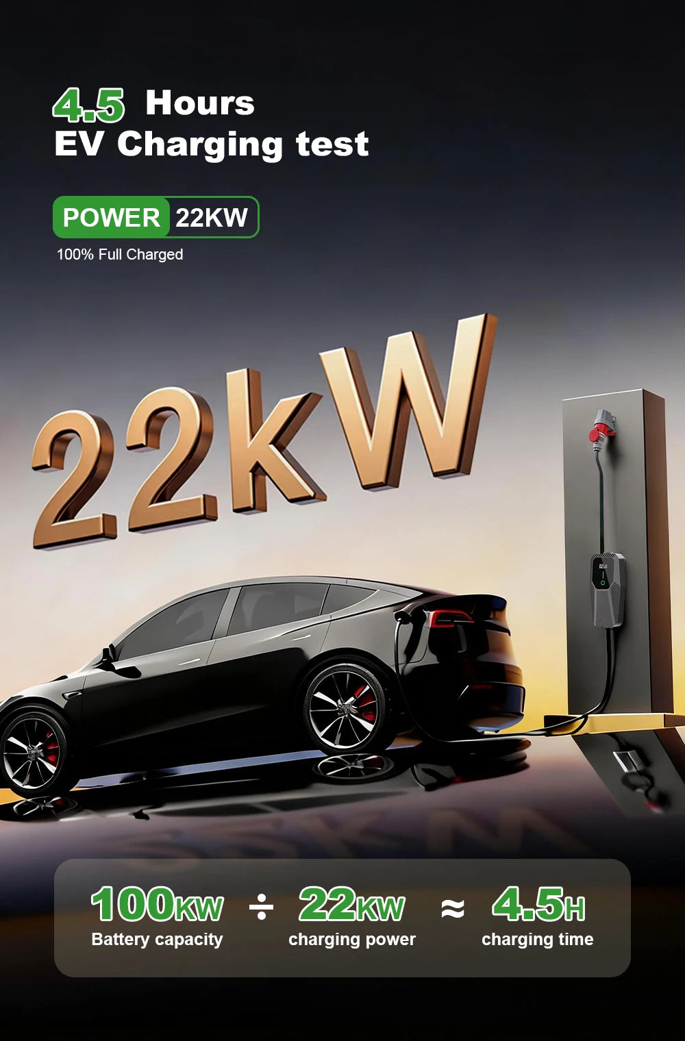 Chargeur mural portable pour véhicules électriques, type 1, 32 A max., 7,2 kW, écran LCD, conforme à la norme SAE J1772. Courant de charge réglable.