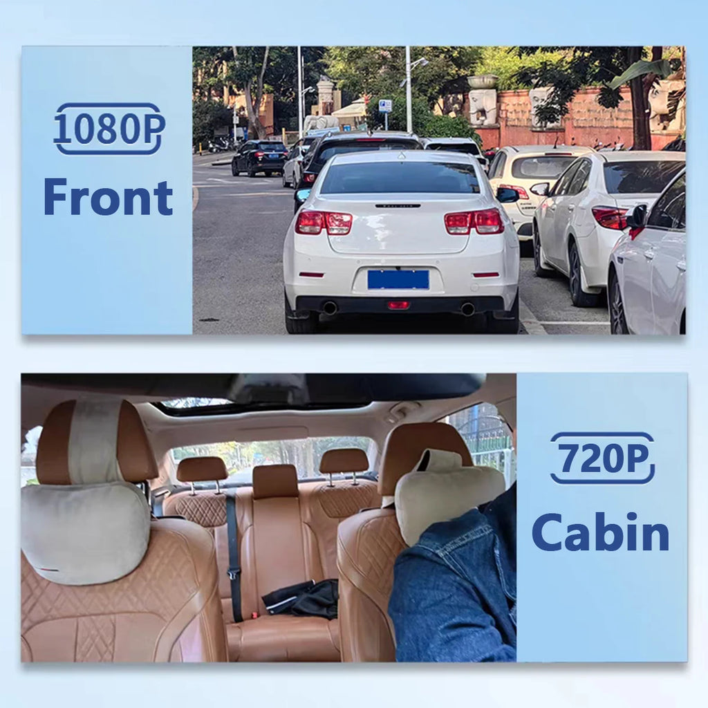 Caméra embarquée pour voiture 1080p avec enregistreur vidéo DVR, double caméra avant et intérieure, enregistrement en boucle et surveillance WiFi.