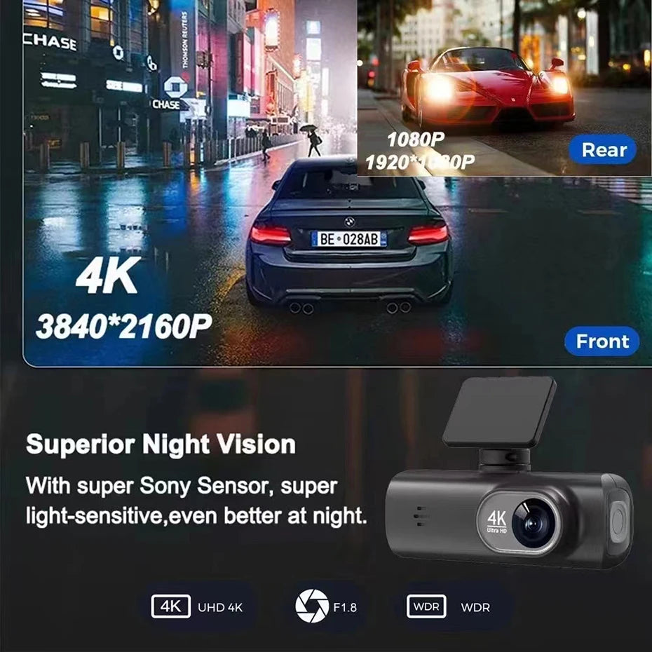 Caméra embarquée 4K UHD pour voiture, double objectif avant et arrière, GPS, Wi-Fi, mode parking 24h, vision nocturne, enregistreur vidéo DVR.