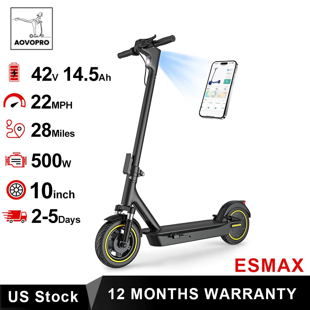 Trottinette électrique AOVOPRO ESMAX pliable 48 V, autonomie 40-60 km, pneus 10 pouces, certifiée CE