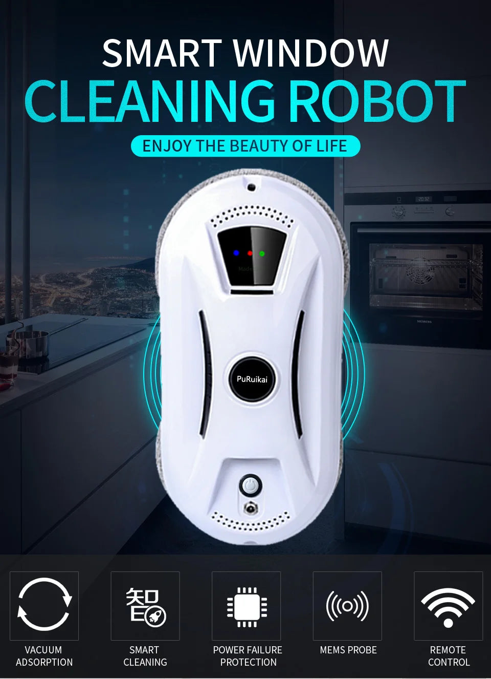 Robot nettoyeur de vitres PuRuikai N361, cordon 5 m, certifié CE