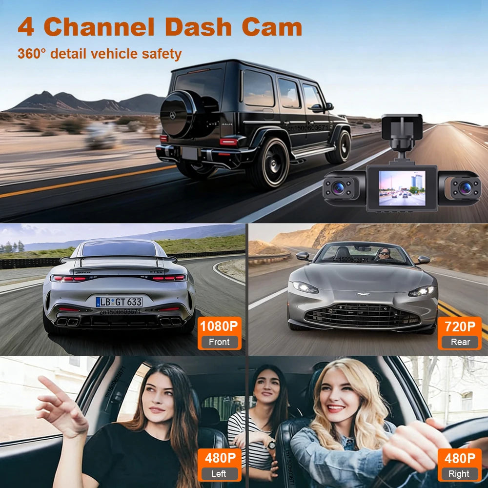 Dash Cam 4 Canaux 360° | Caméra de Voiture HD 1080p avec Vision Nocturne et Enregistrement Continu