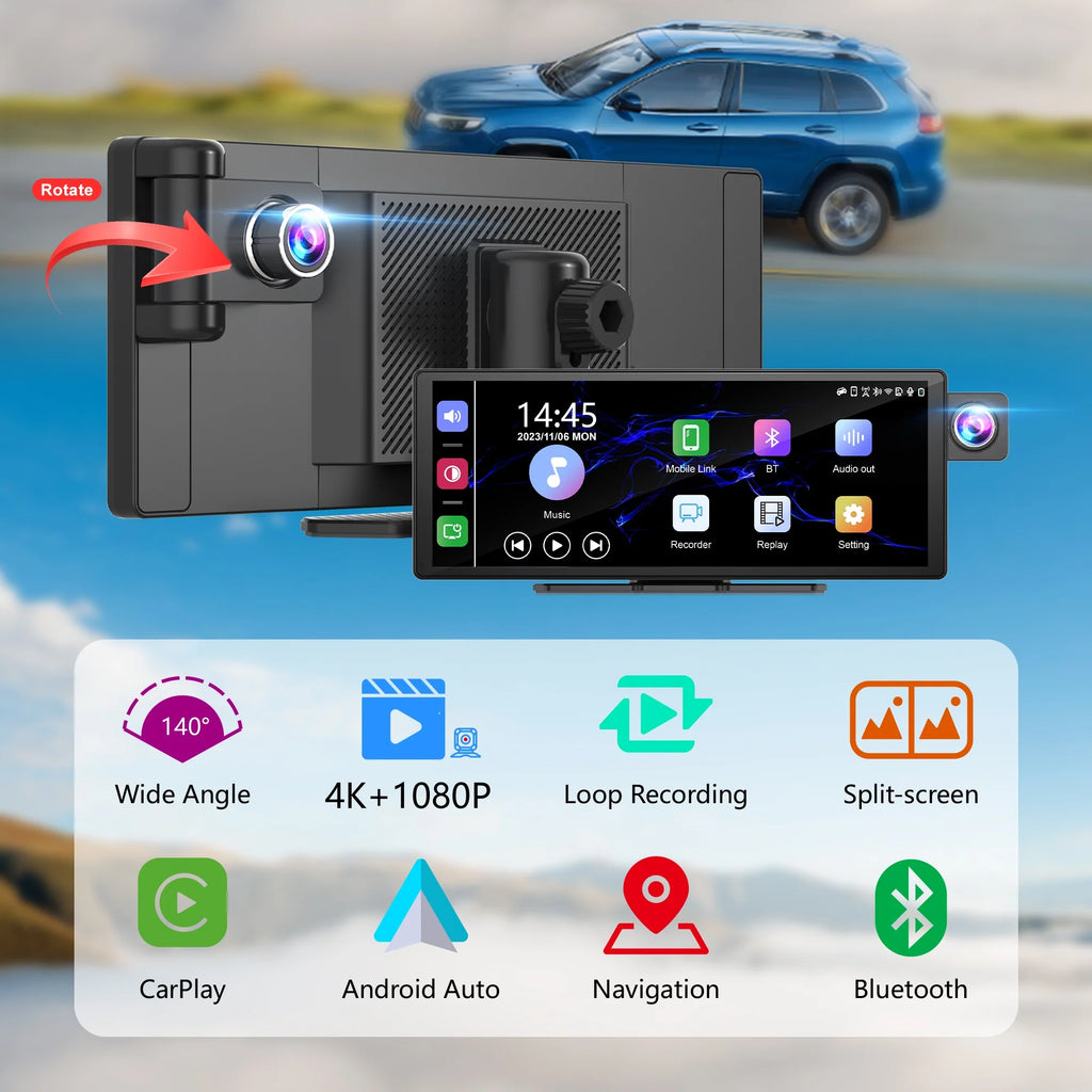 Moniteur Voiture 11,3" 4K | CarPlay Sans Fil, Android Auto, DVR, GPS et Caméra de Recul