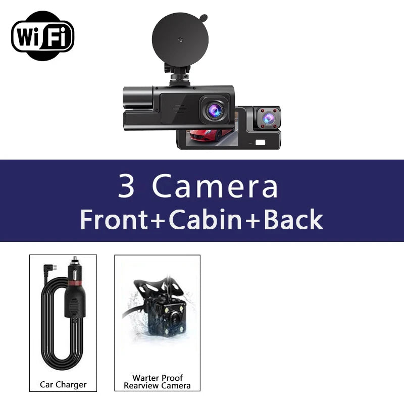 Caméra embarquée 3 canaux Wi-Fi avec DVR 1080p pour voiture (avant et intérieur), boîtier noir, surveillance de stationnement 24h/24, accessoires auto