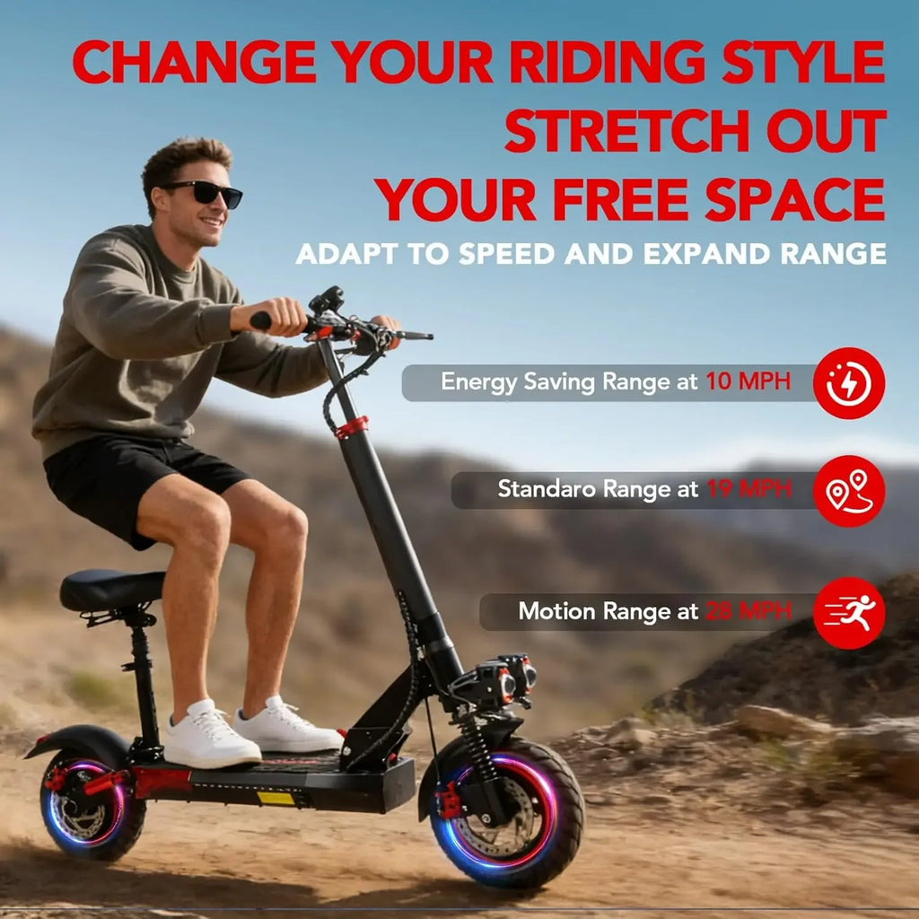 Trottinette électrique pour adultes avec siège, vitesse rapide de 40 à 48 km/h, autonomie de 32 à 45 km, pneus tout-terrain de 25 cm, charge maximale de plus de 136 kg, trottinette électrique pliable