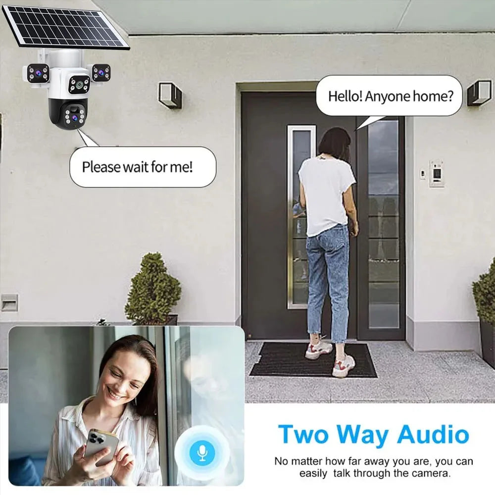 Caméra IP Solaire 4G 12 MP | Triple Objectif, Rotation PTZ, Détection de Mouvement et Suivi Intelligent