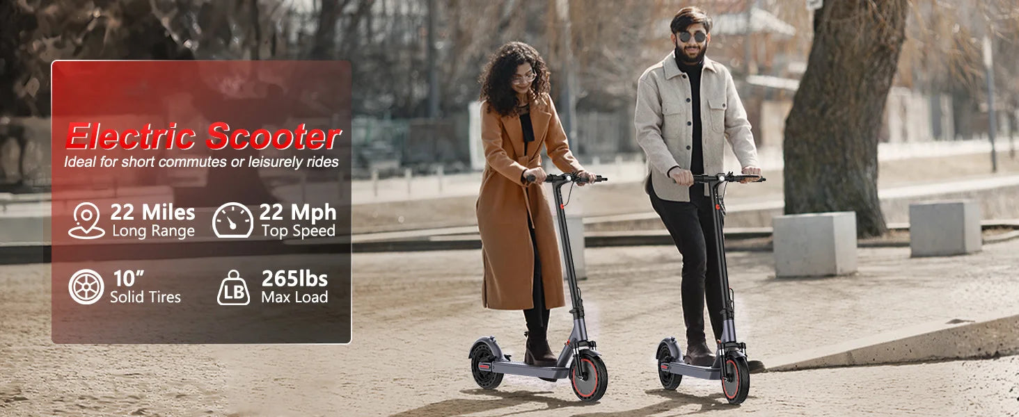 Trottinette électrique avec pneus alvéolés de 10 pouces, batterie 42 V 10,5 Ah, vitesse maximale de 35 km/h, autonomie maximale de 35 km, double freinage et suspension, contrôle via application.