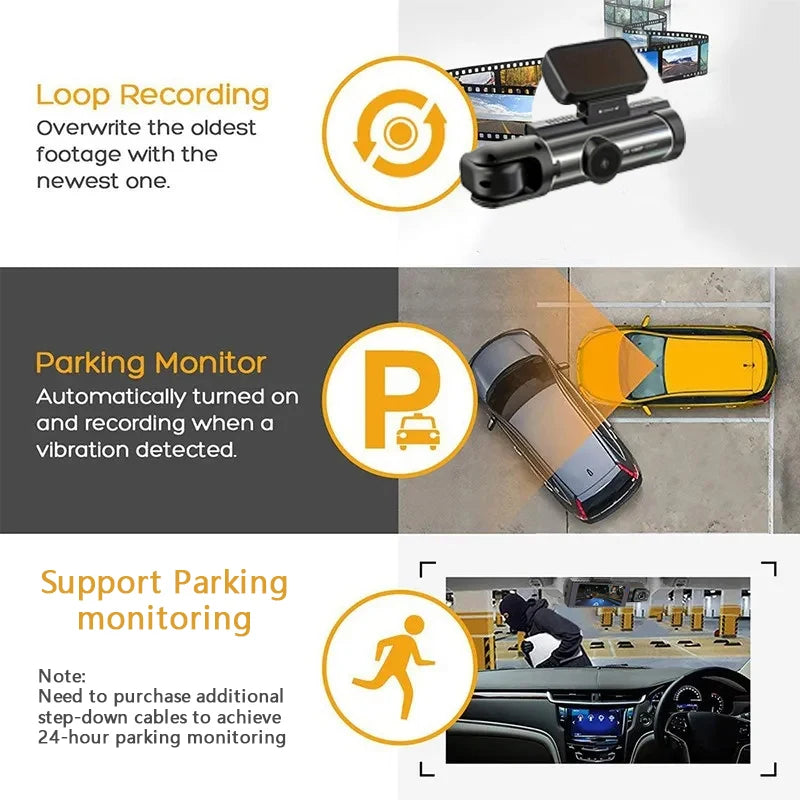 Caméra embarquée pour voiture 1080p avec enregistreur vidéo DVR, double caméra avant et intérieure, enregistrement en boucle et surveillance WiFi.