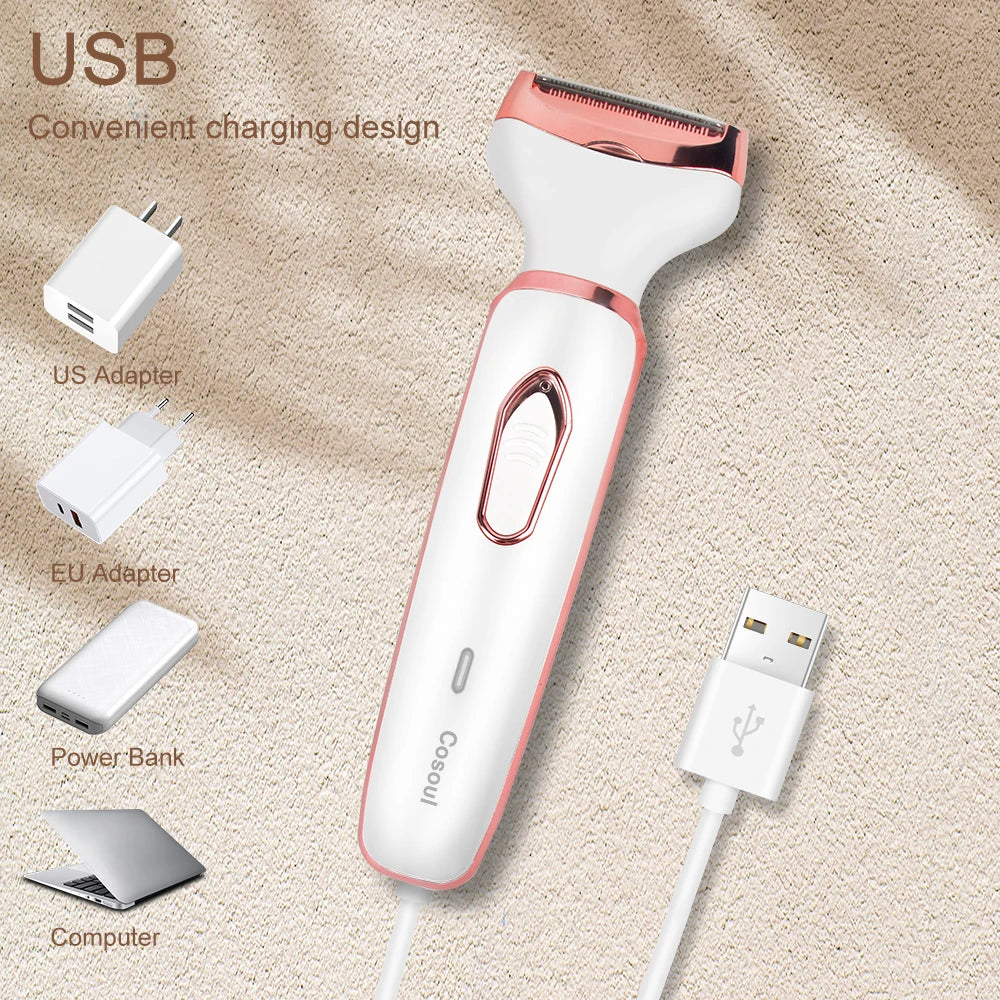 Rasoir électrique 4 en 1 pour femmes, rasoir corporel portable et indolore pour aisselles, maillot, soutiens-gorge, jambes, visage et moustache.