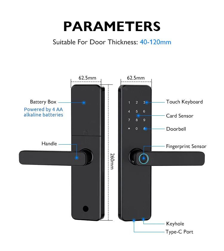 Serrure de porte intelligente Bluetooth TTLock avec application d'empreinte numérique, carte à code et écran tactile. Serrure électronique numérique de sécurité pour la maison.