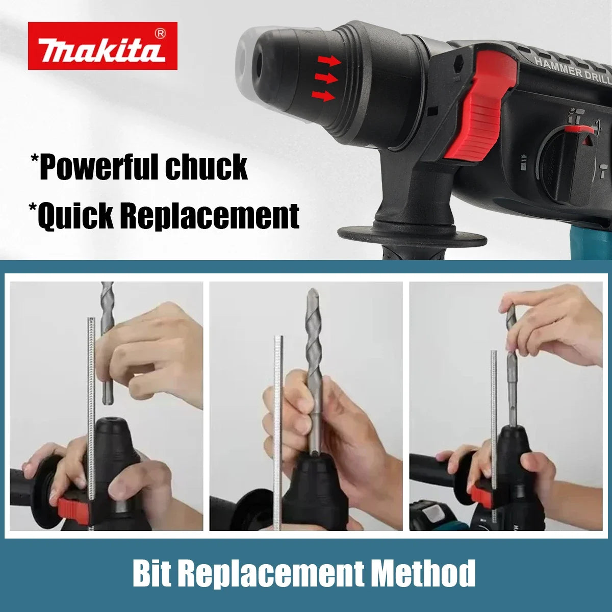 Marteau perforateur Makita DHR242 18V d'origine : faibles vibrations (13,5 m/s²), utilisation confortable pour les longues séances de perçage.