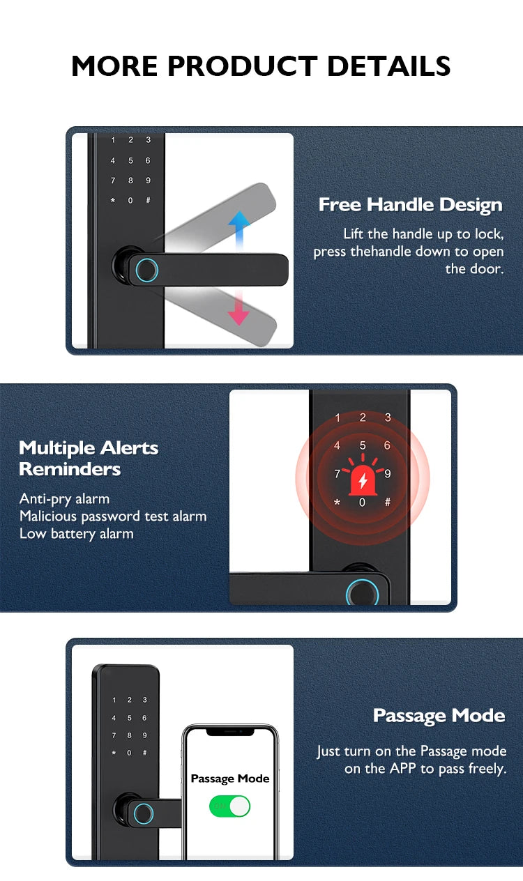Serrure de porte intelligente Bluetooth TTLock avec application d'empreinte numérique, carte à code et écran tactile. Serrure électronique numérique de sécurité pour la maison.