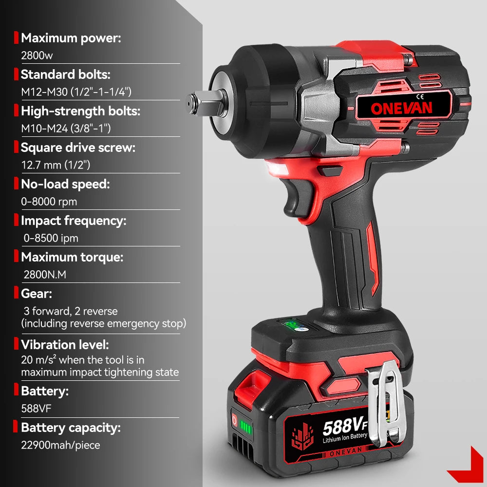 Clé à Chocs Électrique ONEVAN | 2800 N.m, Moteur Sans Balais, Outil Auto Compatible Makita