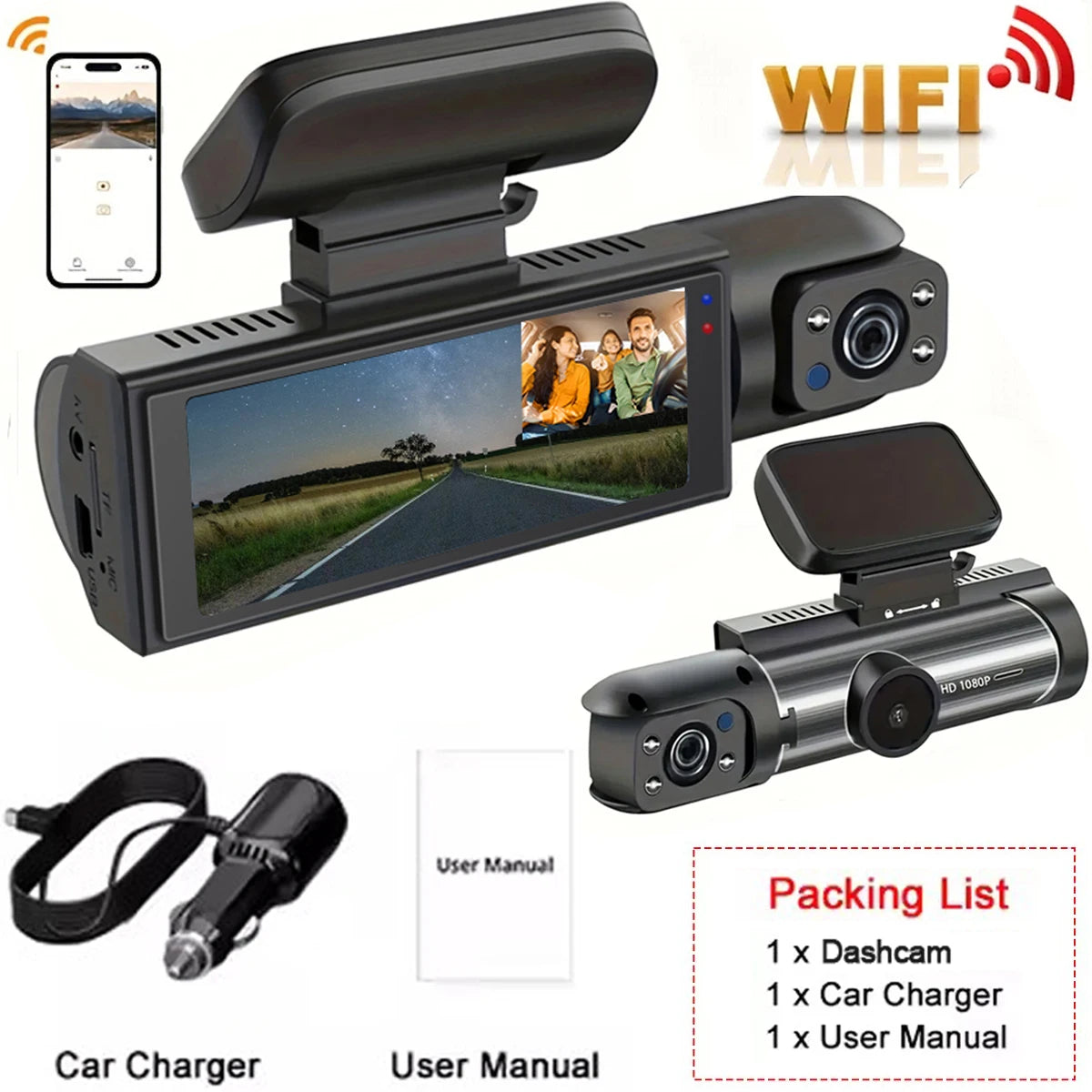 Caméra embarquée pour voiture 1080p avec enregistreur vidéo DVR, double caméra avant et intérieure, enregistrement en boucle et surveillance WiFi.