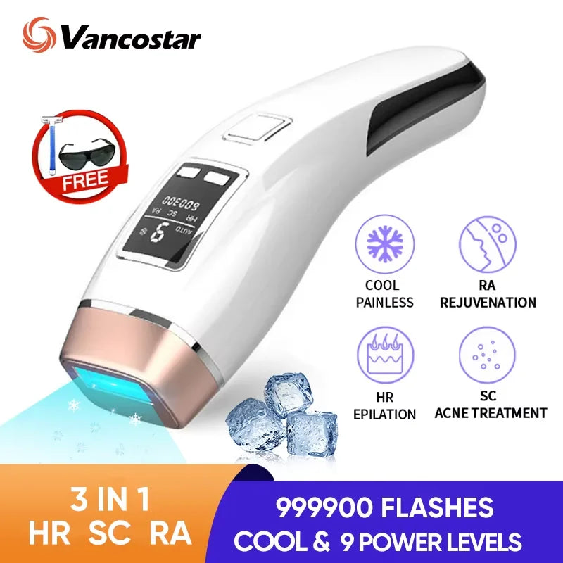 Épilateur laser/IPL Vancostar, 999 900 flashs, épilation/rajeunissement/acné 3 en 1, refroidissement, CE/FCC