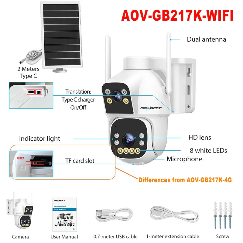 Caméra solaire 4G GENBOLT GB-217H, PTZ, 2 MP, IP66, 15 600 mAh, vision nocturne couleur, zoom 4x