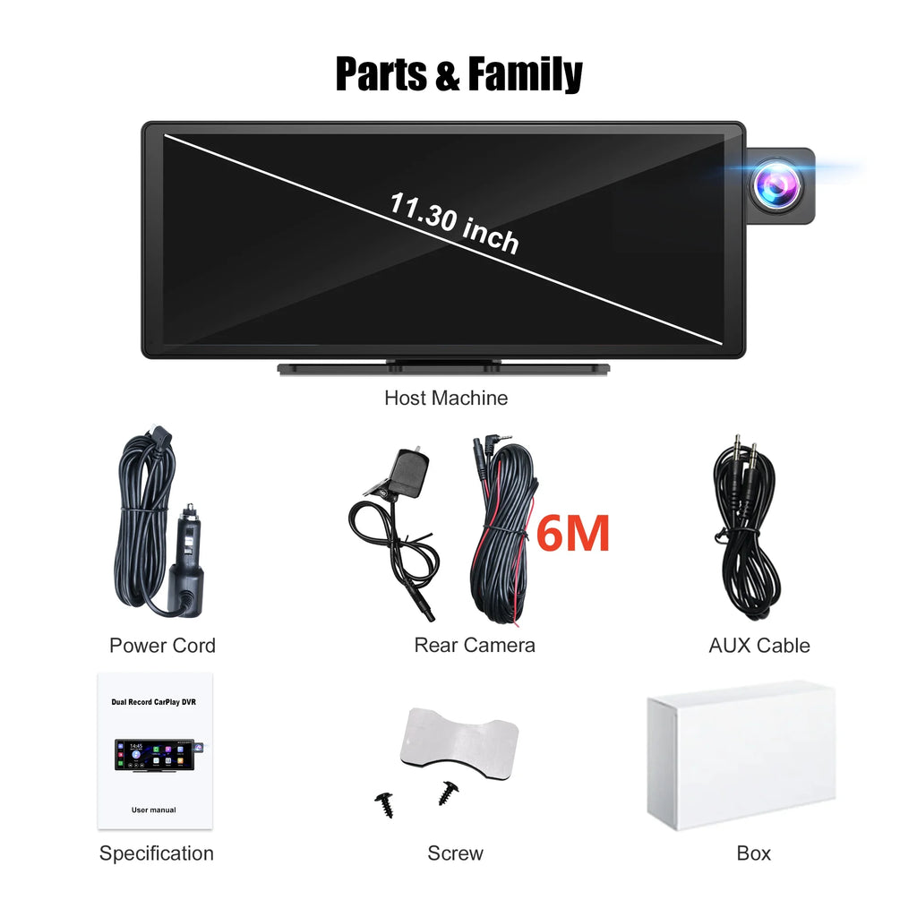 Moniteur Voiture 11,3" 4K | CarPlay Sans Fil, Android Auto, DVR, GPS et Caméra de Recul