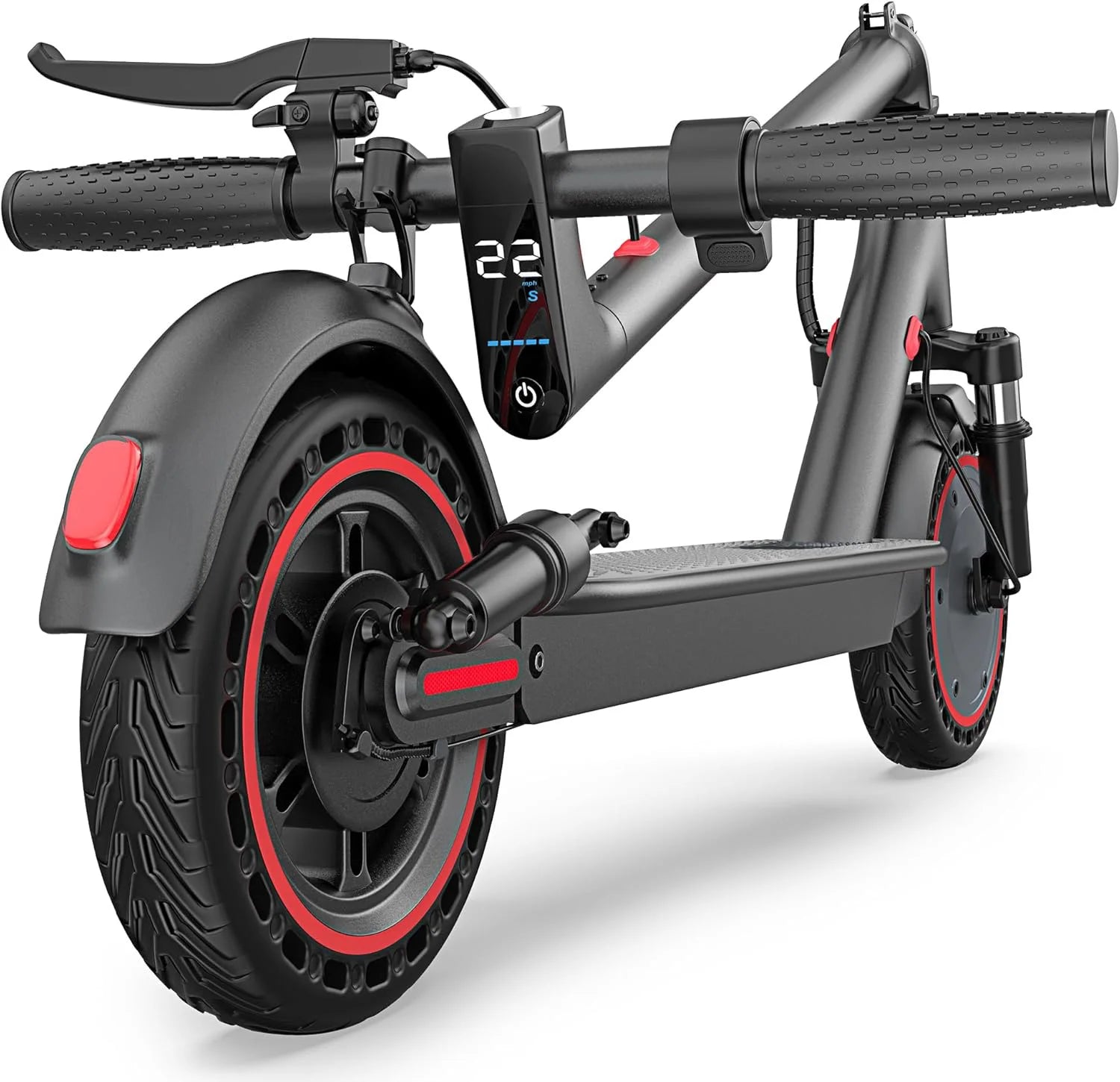 Trottinette électrique avec pneus alvéolés de 10 pouces, batterie 42 V 10,5 Ah, vitesse maximale de 35 km/h, autonomie maximale de 35 km, double freinage et suspension, contrôle via application.