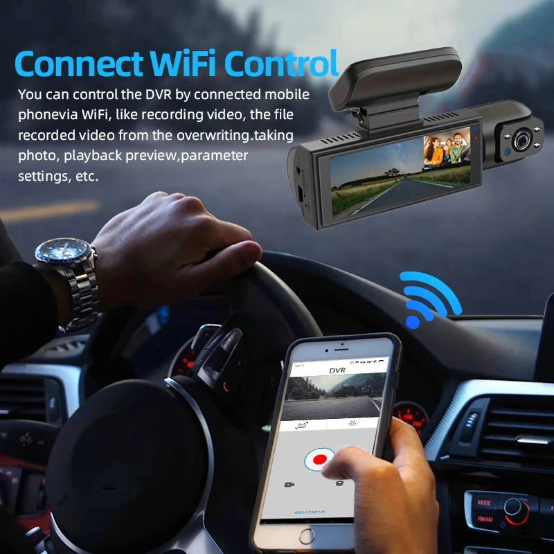 Caméra embarquée pour voiture 1080p avec enregistreur vidéo DVR, double caméra avant et intérieure, enregistrement en boucle et surveillance WiFi.