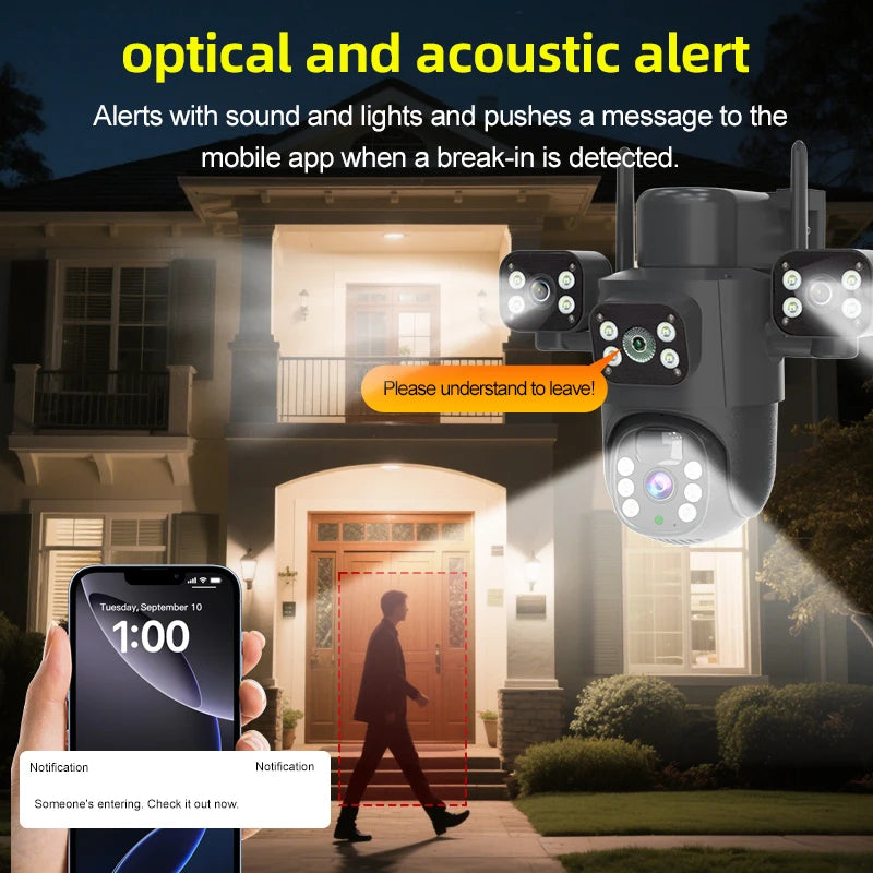 Caméra solaire 4G/WiFi, trois objectifs, écran, extérieur, 12 MP, 6K, batterie basse consommation, vision nocturne PIR, protection CCTV