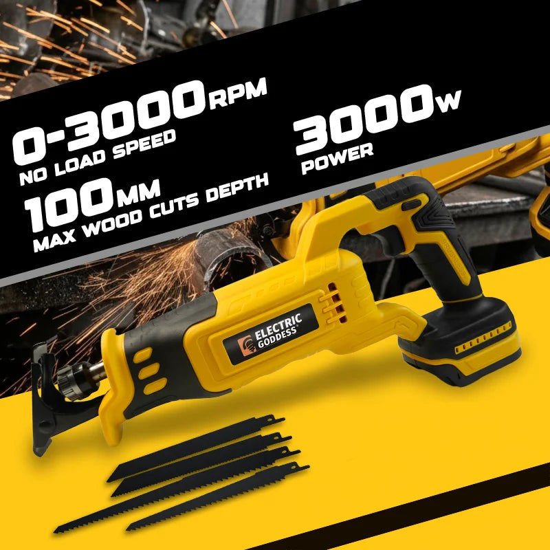 Scie alternative sans fil Electric Goddess WFJ003, moteur sans balais 20 V, 3000 W, coupe bois 100 mm