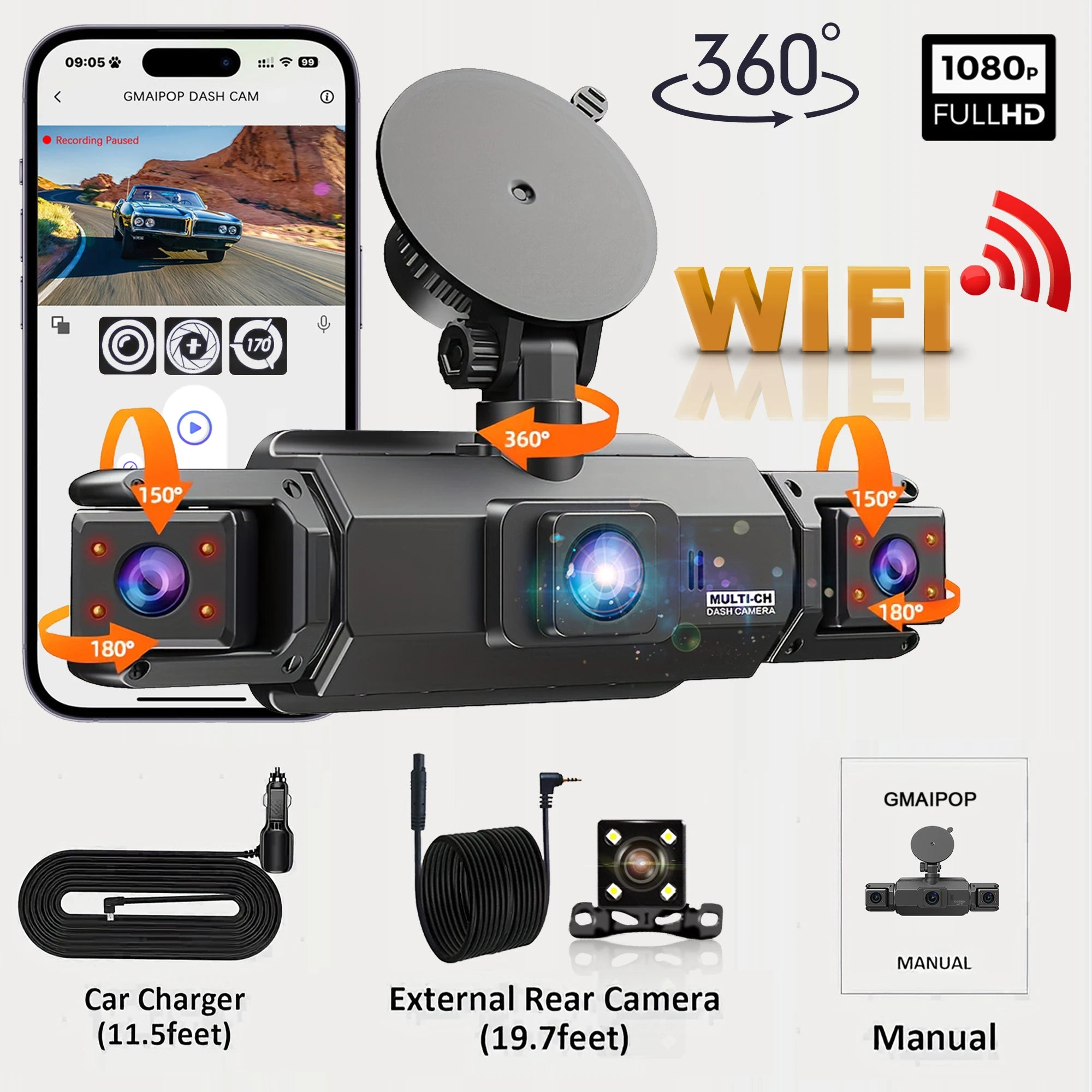 Caméra embarquée GMAIPOP WiFi 4 canaux 1080p, capteur Sony IMX307, vision nocturne, enregistrement en boucle