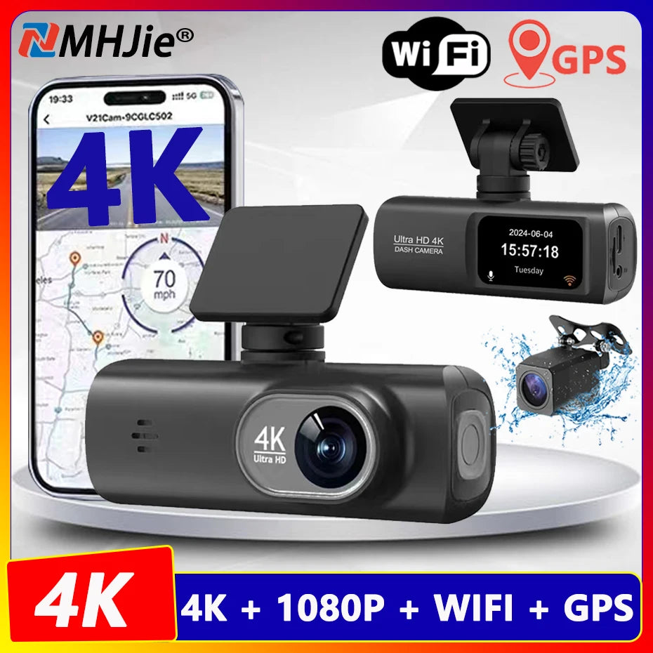Caméra embarquée 4K UHD pour voiture, double objectif avant et arrière, GPS, Wi-Fi, mode parking 24h, vision nocturne, enregistreur vidéo DVR.