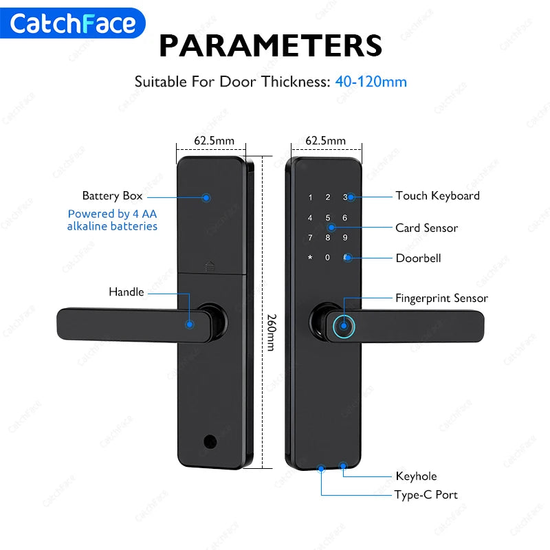 Serrure de porte intelligente Bluetooth TTLock avec application d'empreinte numérique, carte à code et écran tactile. Serrure électronique numérique de sécurité pour la maison.