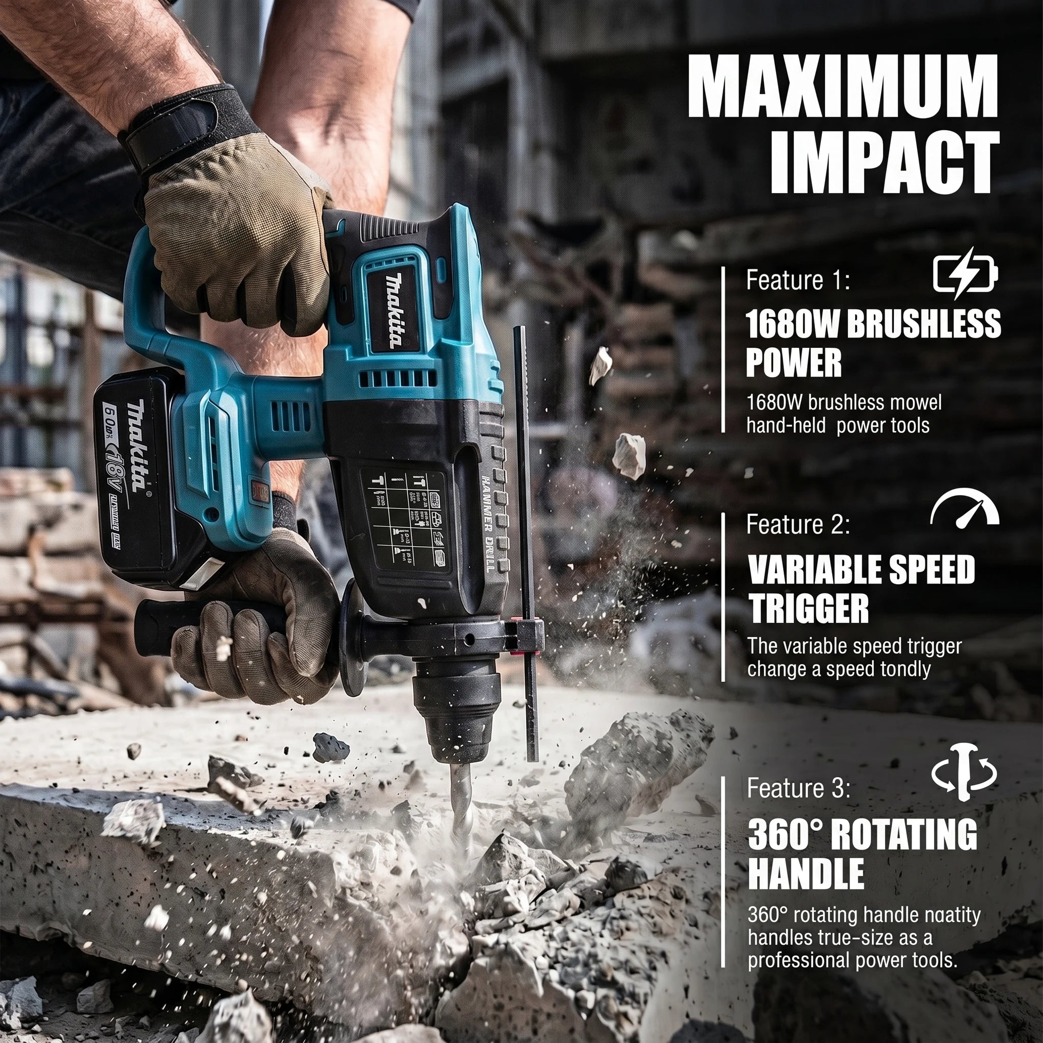 Marteau perforateur Makita DHR242 18V d'origine : faibles vibrations (13,5 m/s²), utilisation confortable pour les longues séances de perçage.