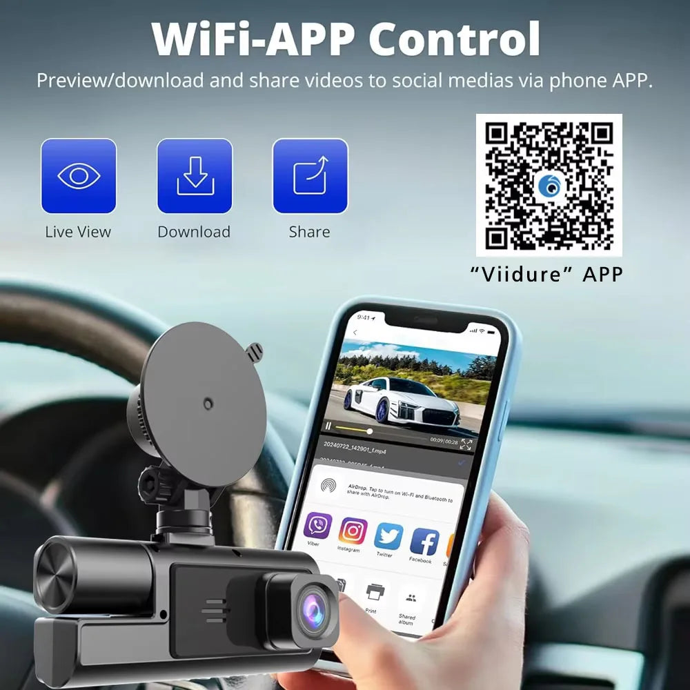 Caméra embarquée 3 canaux Wi-Fi avec DVR 1080p pour voiture (avant et intérieur), boîtier noir, surveillance de stationnement 24h/24, accessoires auto