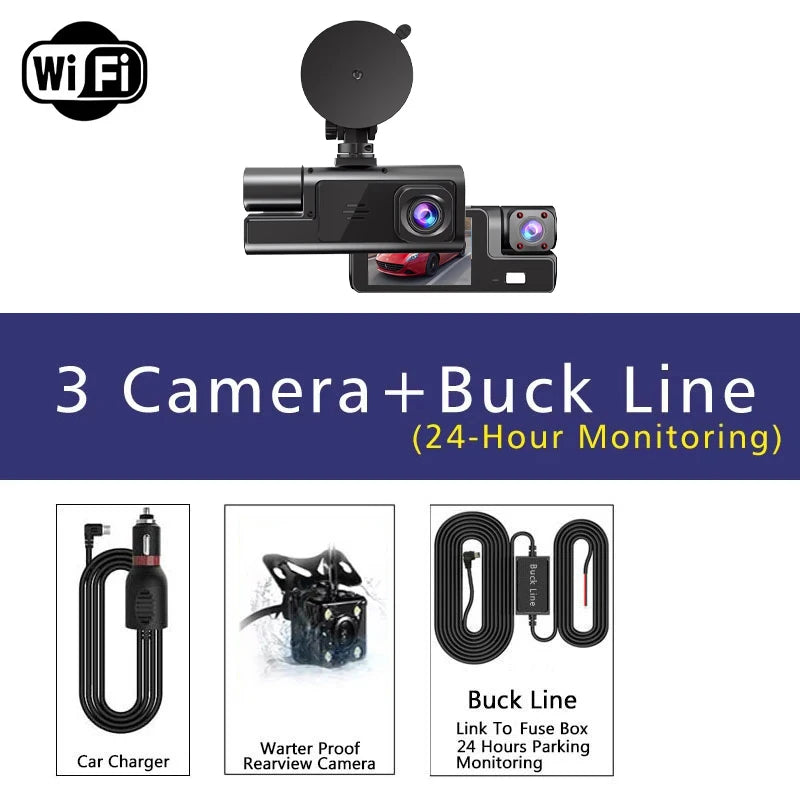 Caméra embarquée 3 canaux Wi-Fi avec DVR 1080p pour voiture (avant et intérieur), boîtier noir, surveillance de stationnement 24h/24, accessoires auto