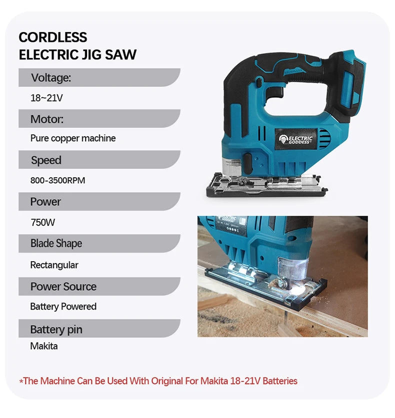 Scie sauteuse sans fil Electric Goddess, 18 V, 750 W, coupe bois/métal/PVC, 800-3500 tr/min