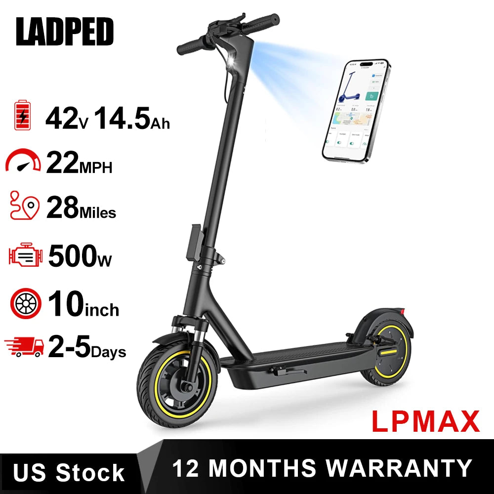 Trottinette électrique pliable LADPED LPMAX, pneus de 10 pouces, vitesse maximale de 35 km/h, 500 W, batterie de 14,5 Ah, autonomie de 45 km, double suspension.